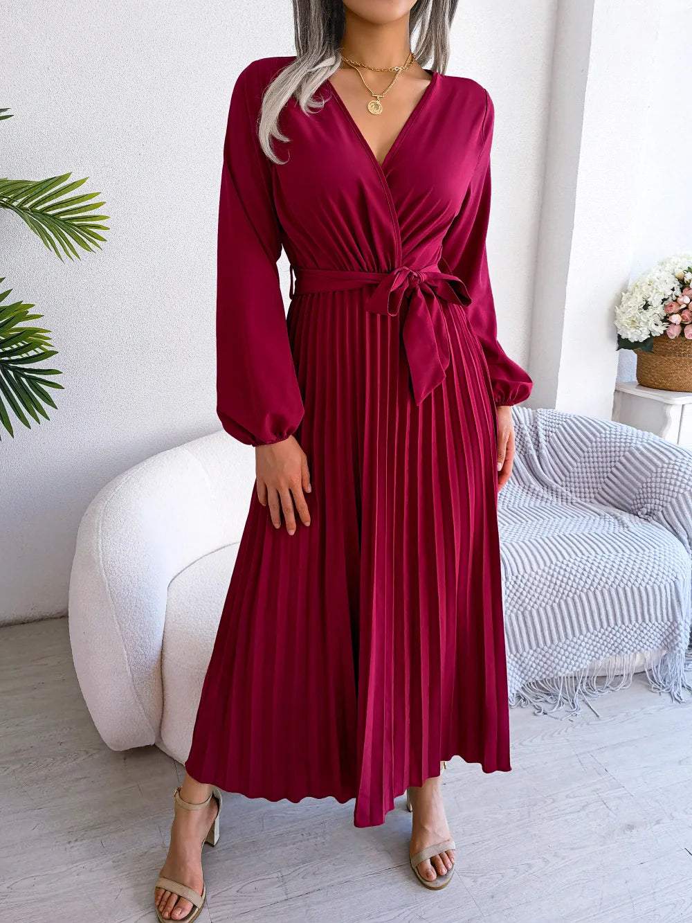 Elegant Pleated V-Neck Maxi Dress – Evening Style