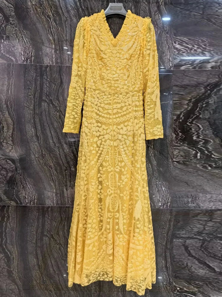 QMQA Sequin V-Neck Evening Dress Elegant Long Sleeve Dress