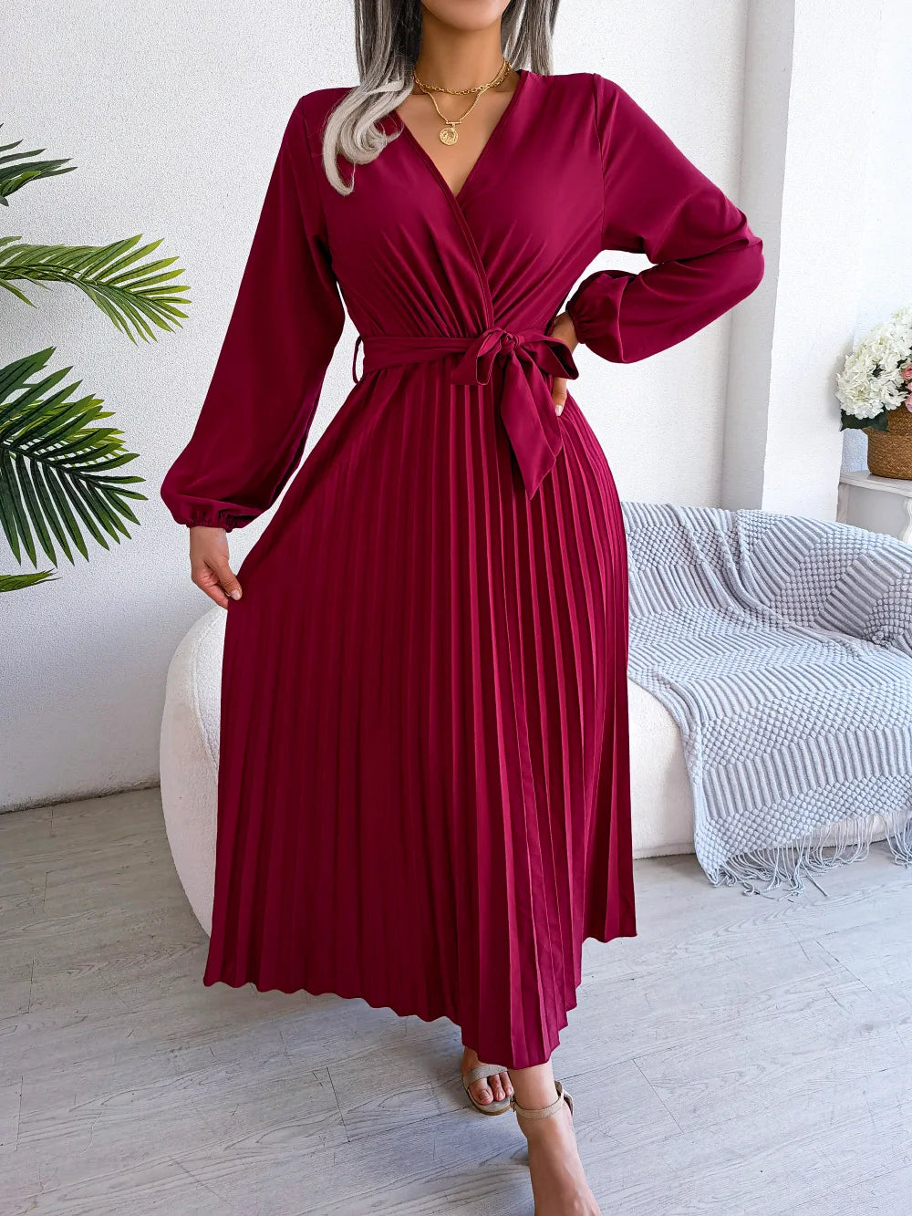 Elegant Pleated V-Neck Maxi Dress – Evening Style