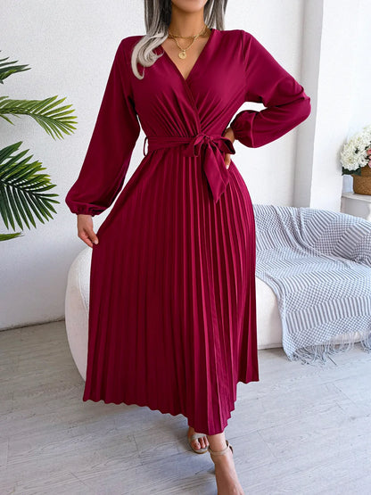 Elegant Pleated V-Neck Maxi Dress – Evening Style