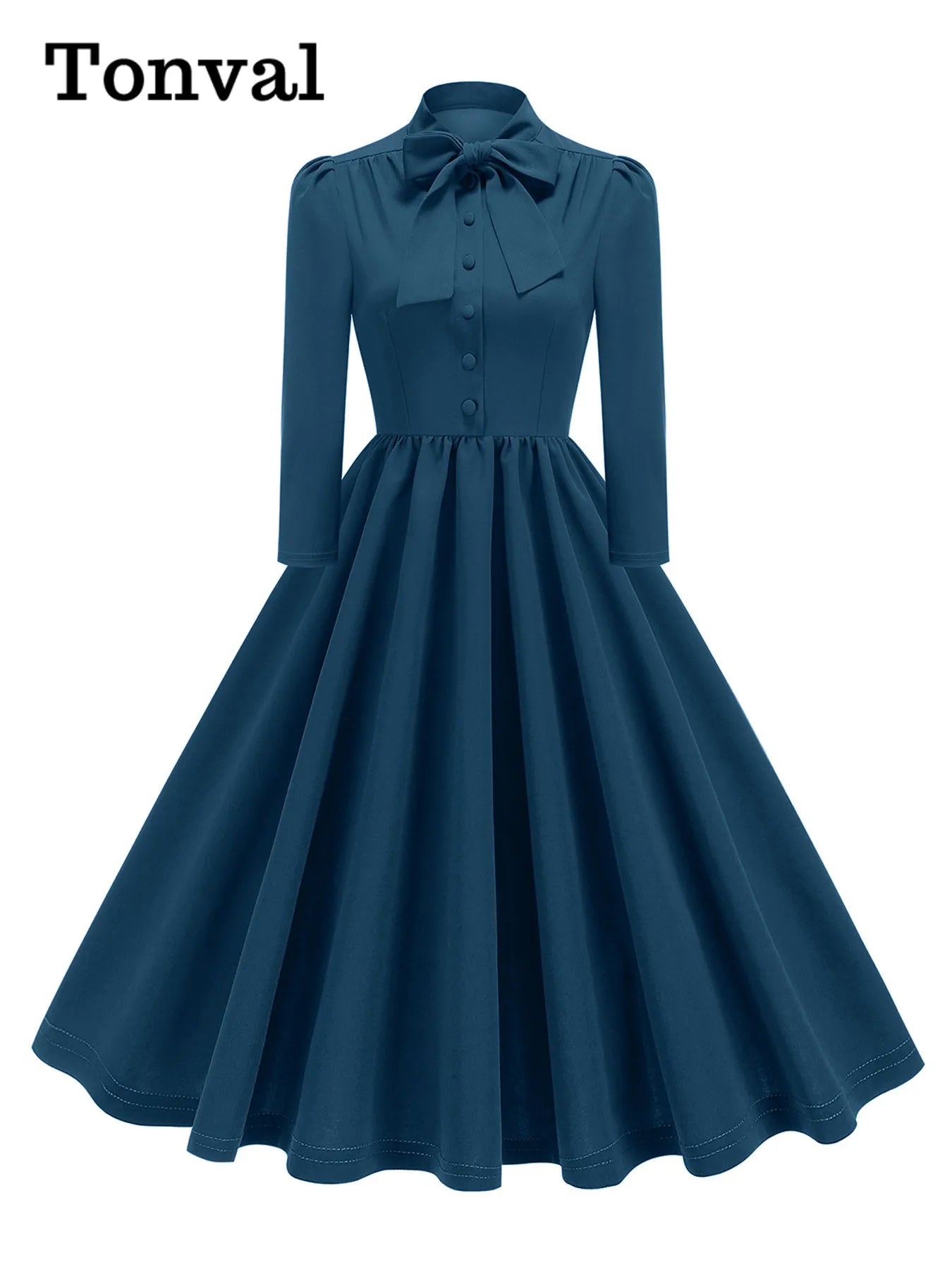 Tonval Bow Neck Pleated Dress  Tonval Vintage Swing Dress