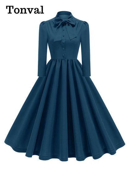 Tonval Bow Neck Pleated Dress  Tonval Vintage Swing Dress