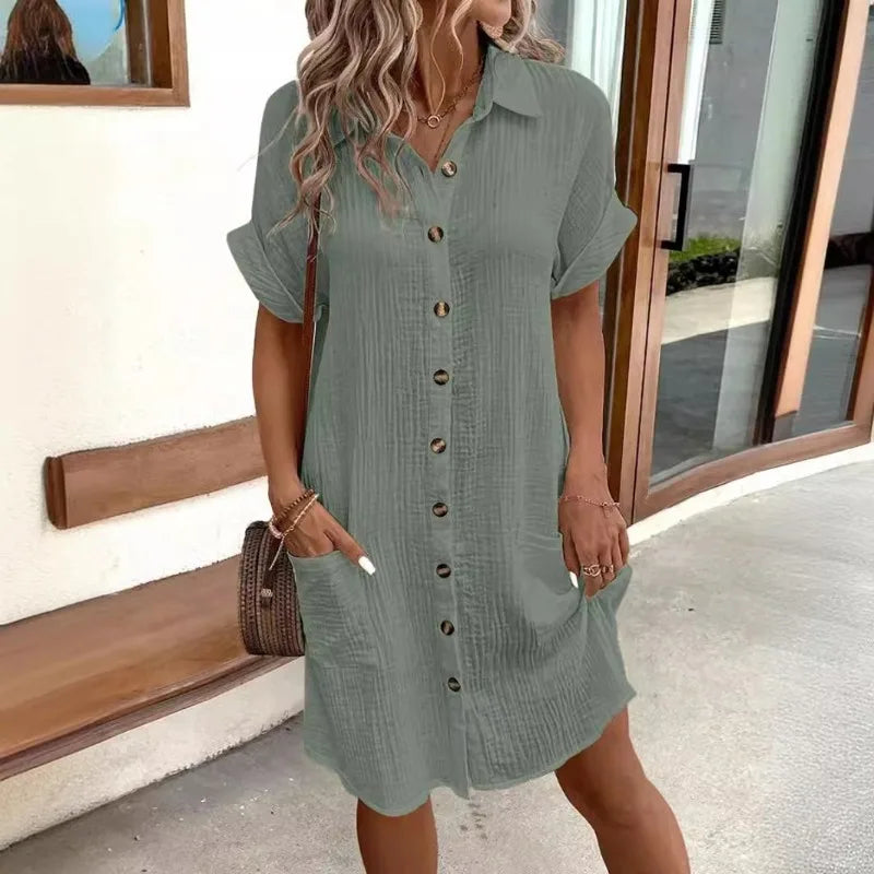 Minimalist V-Neck Shirt Dress  Women’s Loose Pocket Dress