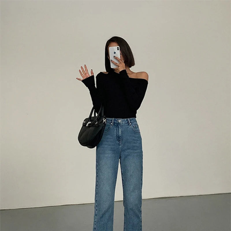 Women’s Off-Shoulder Crop - Top  Skew Collar Slim Fit Crop Top