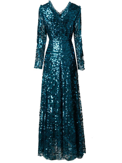 QMQA Sequin V-Neck Evening Dress Elegant Long Sleeve Dress