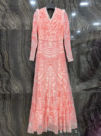 QMQA Sequin V-Neck Evening Dress Elegant Long Sleeve Dress