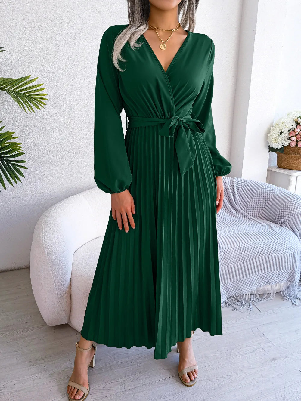 Elegant Pleated V-Neck Maxi Dress – Evening Style