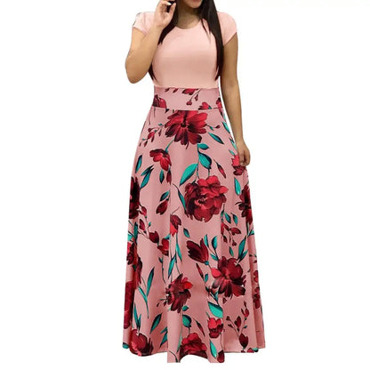 Retro Floral Patchwork Maxi Dress – Elegant Style