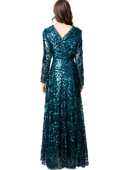 QMQA Sequin V-Neck Evening Dress Elegant Long Sleeve Dress
