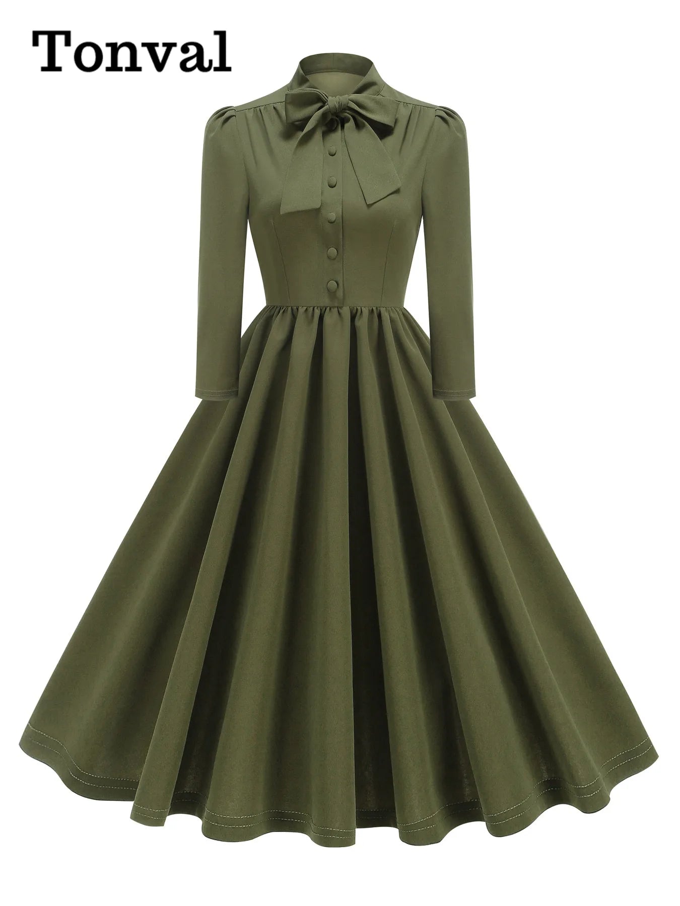 Tonval Bow Neck Pleated Dress  Tonval Vintage Swing Dress