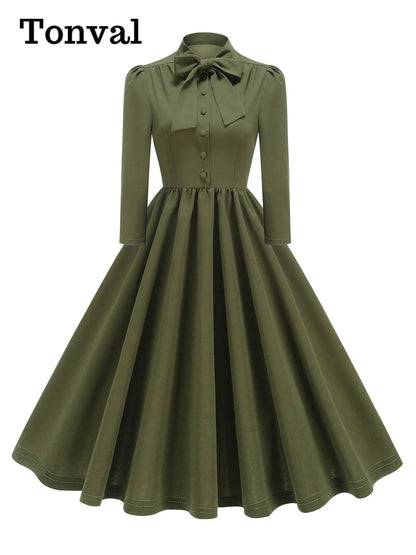 Tonval Bow Neck Pleated Dress  Tonval Vintage Swing Dress