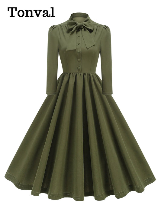 Tonval Bow Neck Pleated Dress  Tonval Vintage Swing Dress