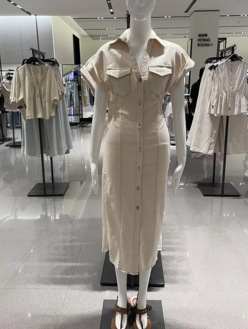 ETJ 2025 Spring Denim Midi Dress – Lapel, Side Zipper, Slim Fit, Elegant