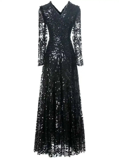 QMQA Sequin V-Neck Evening Dress Elegant Long Sleeve Dress