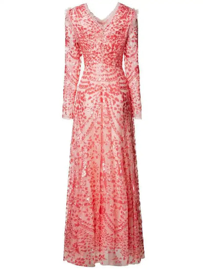 QMQA Sequin V-Neck Evening Dress Elegant Long Sleeve Dress