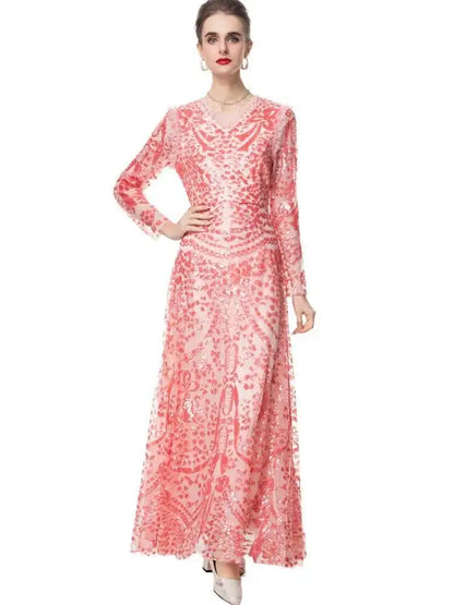 QMQA Sequin V-Neck Evening Dress Elegant Long Sleeve Dress