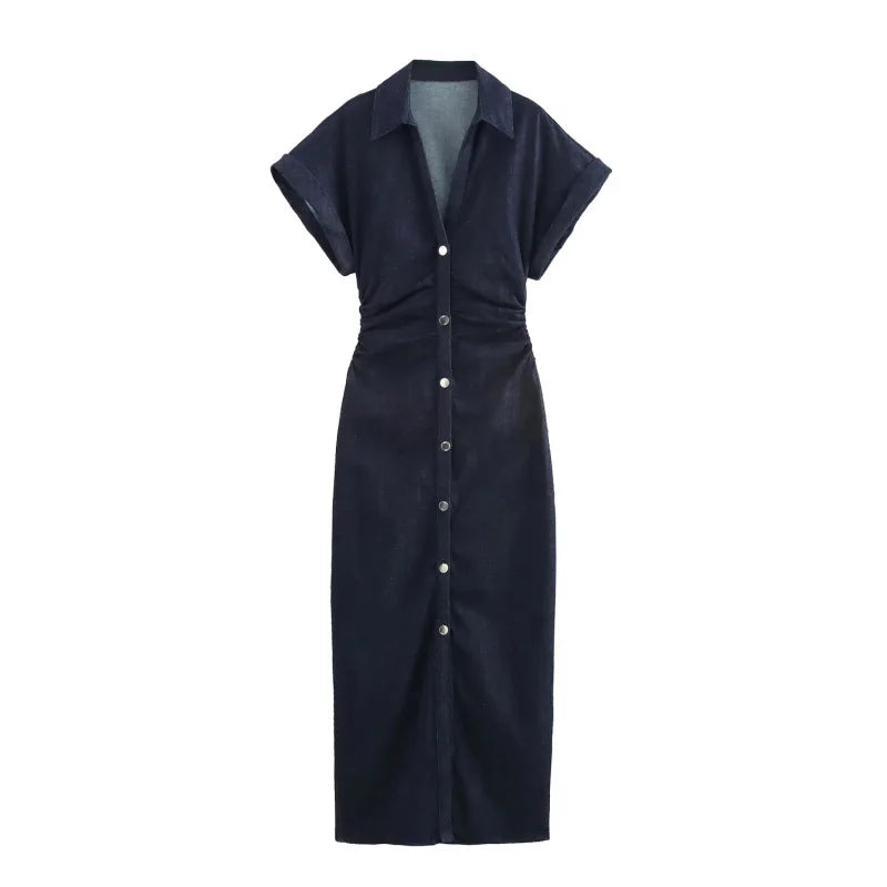 ETJ 2025 Spring Denim Midi Dress – Lapel, Side Zipper, Slim Fit, Elegant