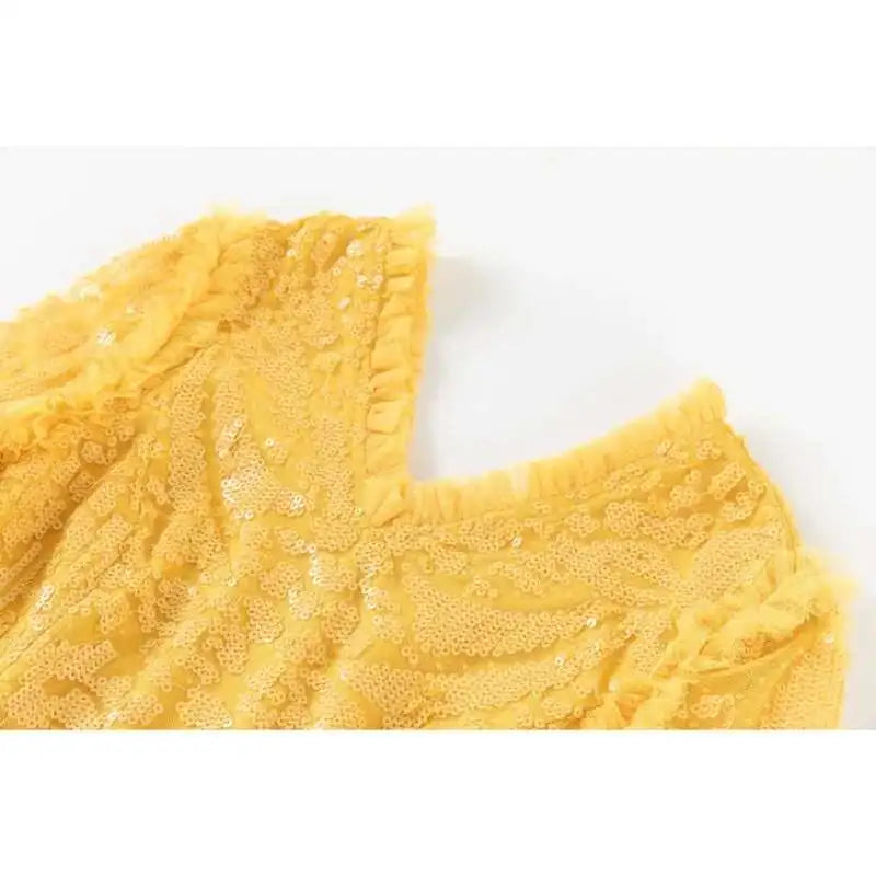 QMQA Sequin V-Neck Evening Dress Elegant Long Sleeve Dress