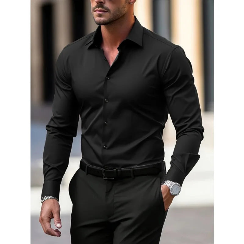 Classic Long Sleeve Shirt — Stretch Fit, Solid Color
