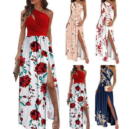 Retro Floral Patchwork Maxi Dress – Elegant Style