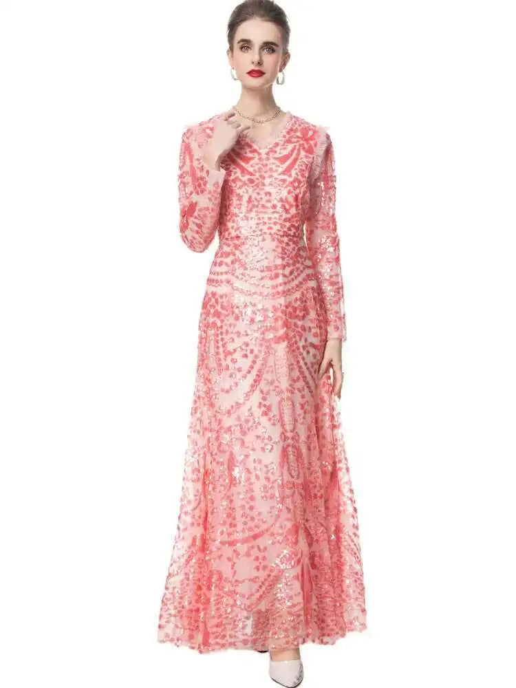 QMQA Sequin V-Neck Evening Dress Elegant Long Sleeve Dress