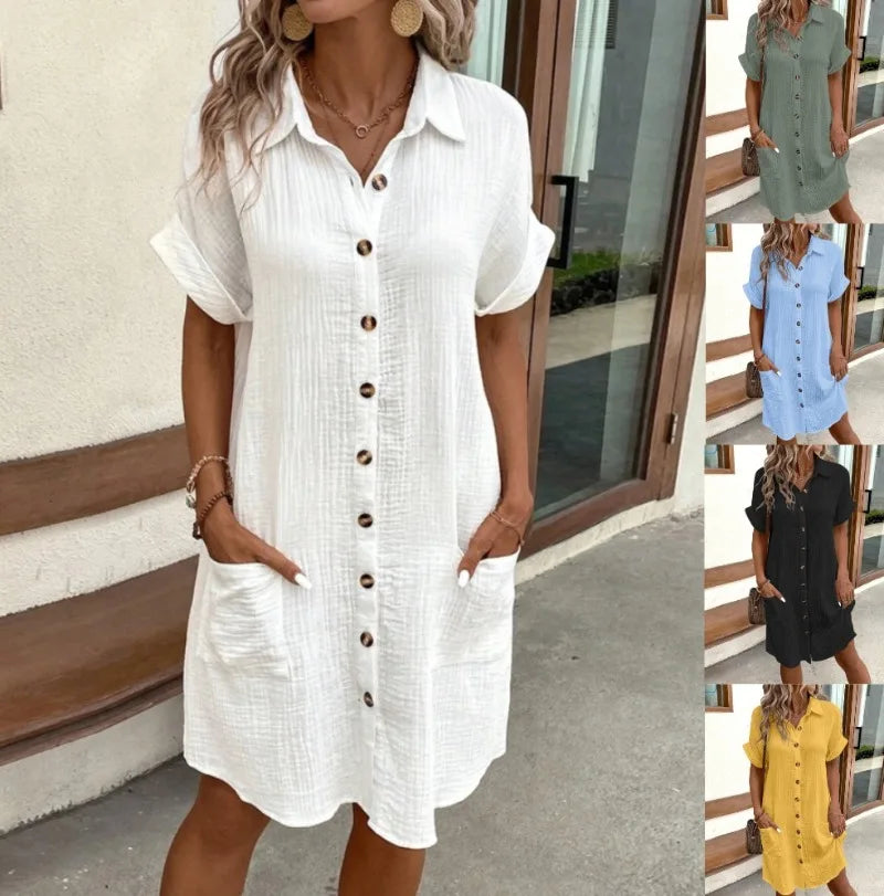 Minimalist V-Neck Shirt Dress  Women’s Loose Pocket Dress